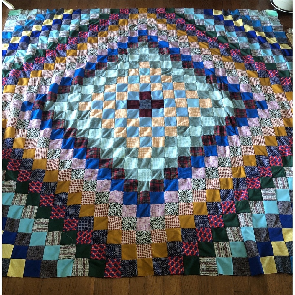 Vintage Quilt Top Colorful Double Knit Fabric Patchwork Design 92x92 Great Shape